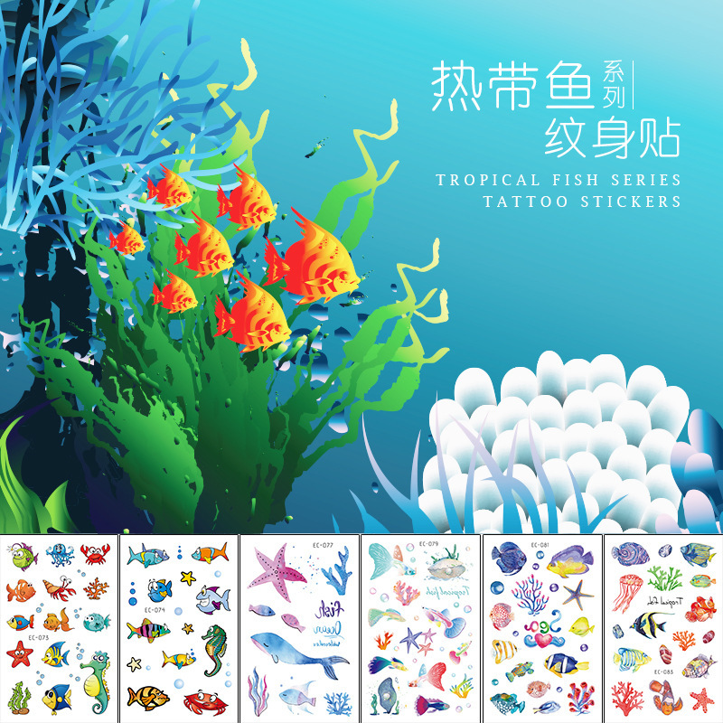 Children Tattoo Sticker Marine Tropical Fish Cartoon Boy Girl Cute Waterproof Temporary Face Sticker Cross Border in stock