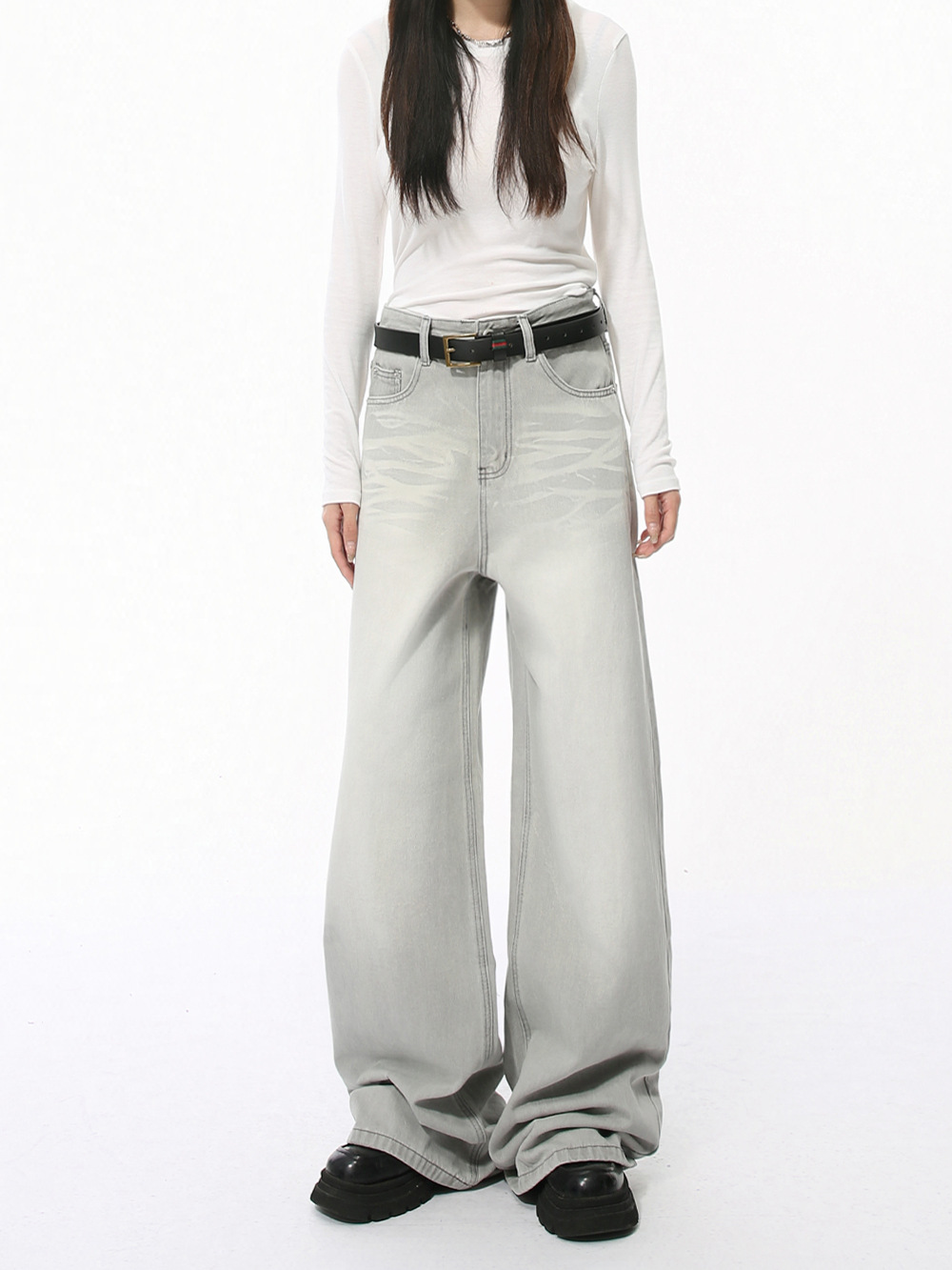 MTLCLOTHES Hombres| Coreano Cleanfi Casual Cat Moustache Blanco Gray Rect Wide Leg Jeans