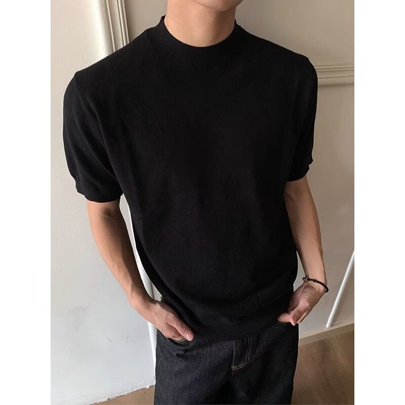 Salt-Style Half-High Collar T-Shirt, Boyfriend Style, Tight-Fitting, Stretchy, Short-Sleeved, Slim-Fit, Solid Color, Trendy Brand Base Shirt Salt-Style Half-High Collar T-Shirt, Boyfriend Style, Tight-Fitting, Stretchy, Short-Sleeved, Slim-Fit, Solid Color, Trendy Brand Base Shirt