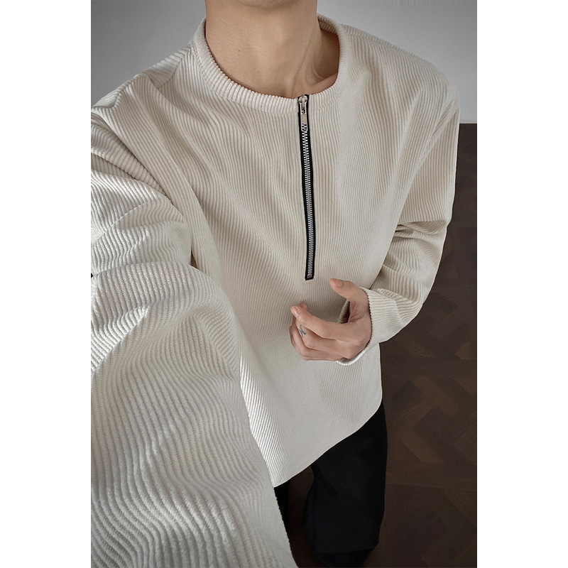 American-style Half-zip Henley Collar T-shirt For Men Women, Corduroy, Spring And Autumn Cleanfit Long-sleeve Base Layer_voghion.com