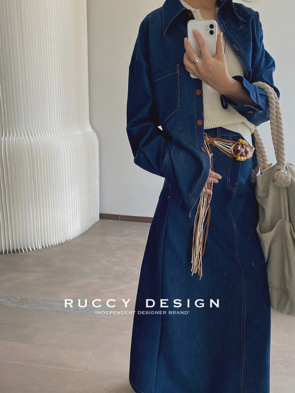 【RUCCY】2025秋季新款轻熟彩色明线肌理竖纹厚牛仔色口袋衬衫女|undefined