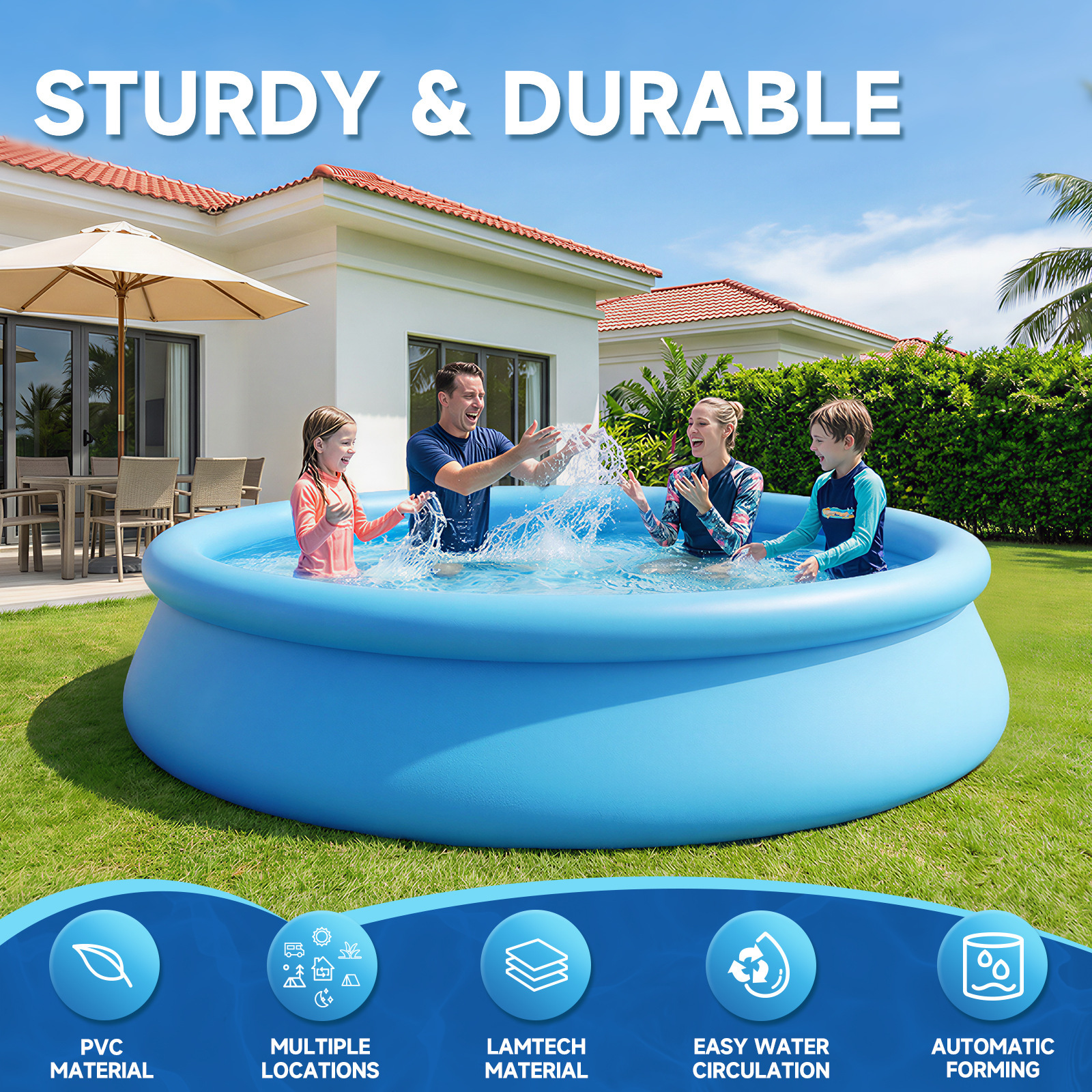 Round Inflatable Swimming Pool, Large Outdoor Household Pool, Foldable, Installation-Free, Multi-Size Swimming Pool for Adults and Children