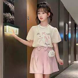 女童洋气夏季套装中大童夏季新款蝴蝶结时尚百搭短袖上衣两件套潮