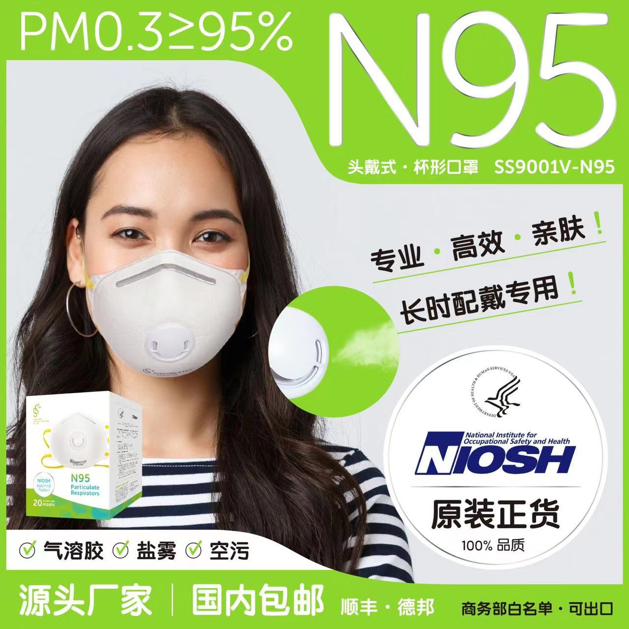 醍筠SS9001VN95头戴式 NIOSH标准N95口罩带阀工业防尘防雾霾颗粒