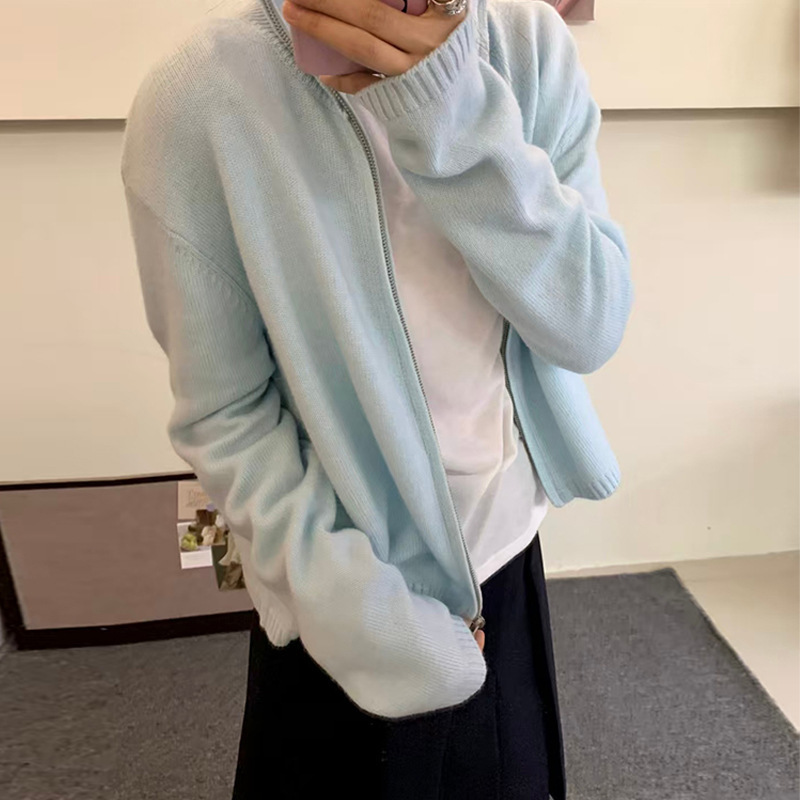 Early Spring 2026 New Style Stand-Up Collar Simple Loose Lapel Zipper Slimming Wool Knit Cardigan Sweater Jacket for Women Early Spring 2026 New Style Stand-Up Collar Simple Loose Lapel Zipper Slimming Wool Knit Cardigan Sweater Jacket for Women