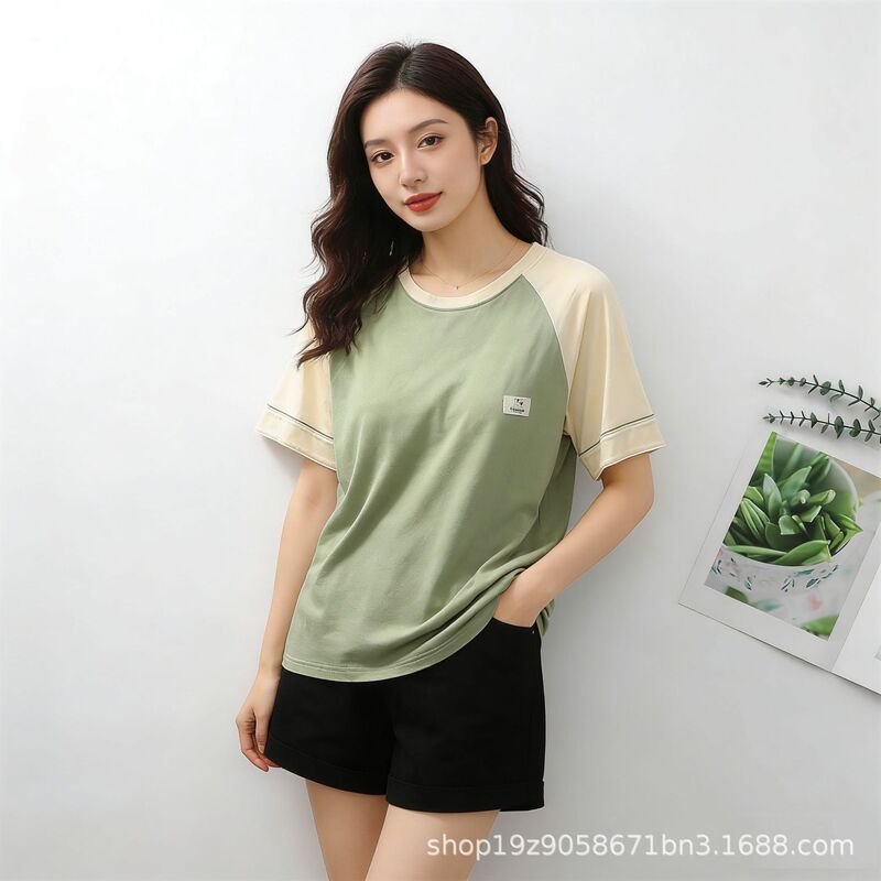 Summer Women's Patchwork Short-Sleeved Pure Cotton Pajamas with Chest Pads for Student Dormitories, Casual Home Tops, One Piece Wholesale Dropshipping