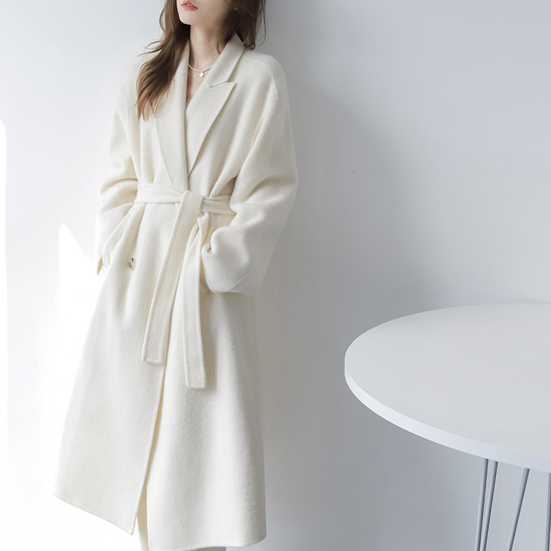 Autumn and winter mid-length Maillard double-sided wool jacket for women on white high-end lazy wool coat