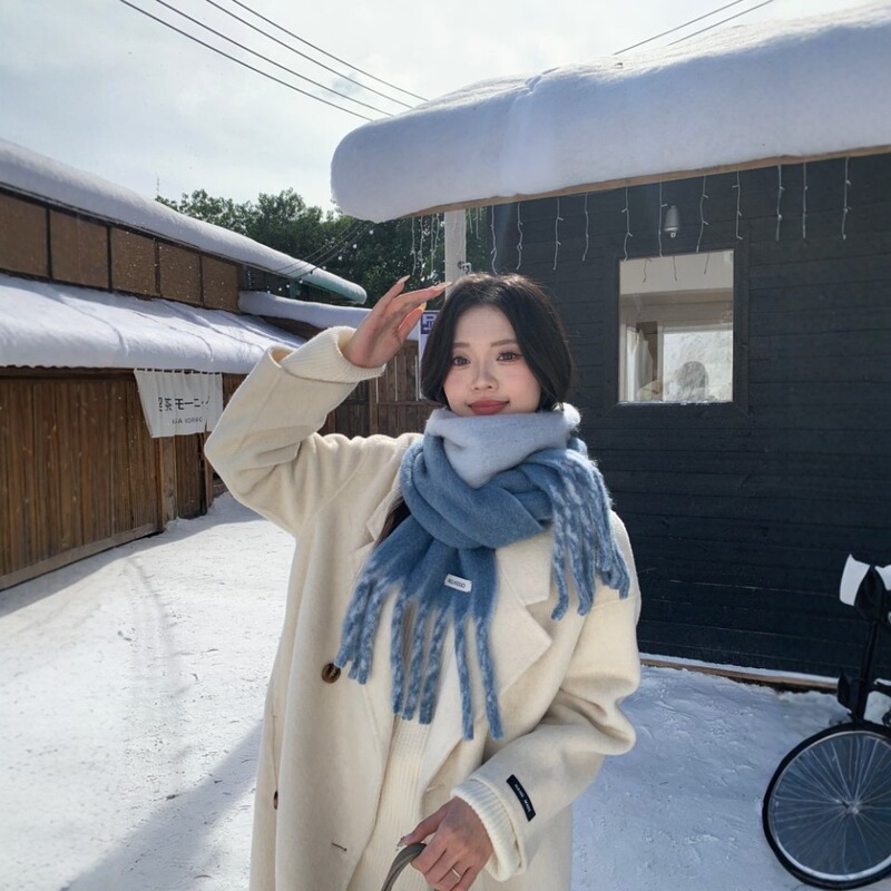 Containing Wool Korean Thick Beard Extended Double-Sided Scarf for Female Students in Autumn and Winter Warm and Versatile Knitted Shawl New Style