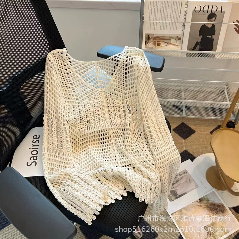 Lazy Style Niche Hollow-Out Crochet Knit Cardigan for Women, Summer Korean Version V-Neck Versatile Loose Casual Long-Sleeve Top Lazy Style Niche Hollow-Out Crochet Knit Cardigan for Women, Summer Korean Version V-Neck Versatile Loose Casual Long-Sleeve Top