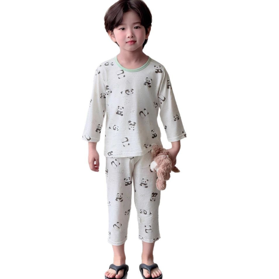 Ropa de aire acondicionado de algodón de clase A para niños, niños y niñas, traje de manga de nueve puntos de 100 algodón, ropa de hogar de algodón de verano para niños grandes