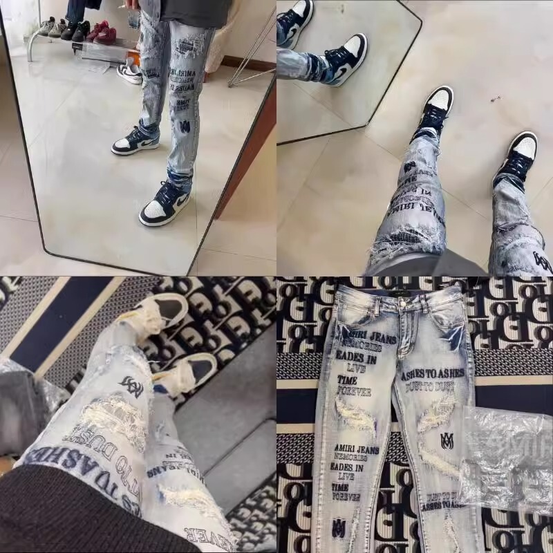 High-End Ripped Patch Retro Jeans Men's Trendy Brand Embroidered Slim-Fitting Straight Pants for Small Feet Casual Versatile Long Pants High-End Ripped Patch Retro Jeans Men's Trendy Brand Embroidered Slim-Fitting Straight Pants for Small Feet Casual Versatile Long Pants