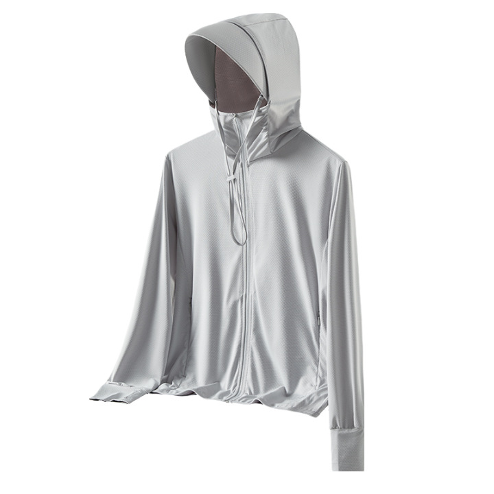 Ropa de protección solar de seda de hielo para hombres, estilo fino de verano, protección solar de seda de hielo resistente a los rayos UV, amantes transpirables, ropa de piel con capucha ligera para mujeres
