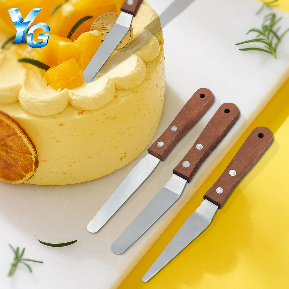 Mango de madera 4 pulgadas espátula de acero inoxidable recto curvo pastel espátula crema herramienta de horneado mango de madera 4 pulgadas raspadora cuchillo de liberación