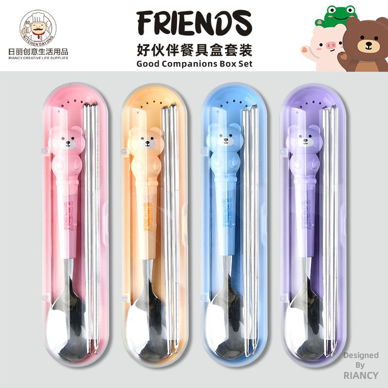 Nueva moda caja de dibujos animados de acero inoxidable regalo snack cubiertos set estudiantes portátiles cucharas al aire libre palillos