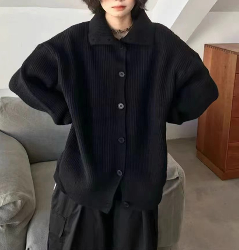 Oversized Knit Cardigan – Button-Down Collared Open Front Sweater (Black/Gray/Beige, One Size)_voghion.com