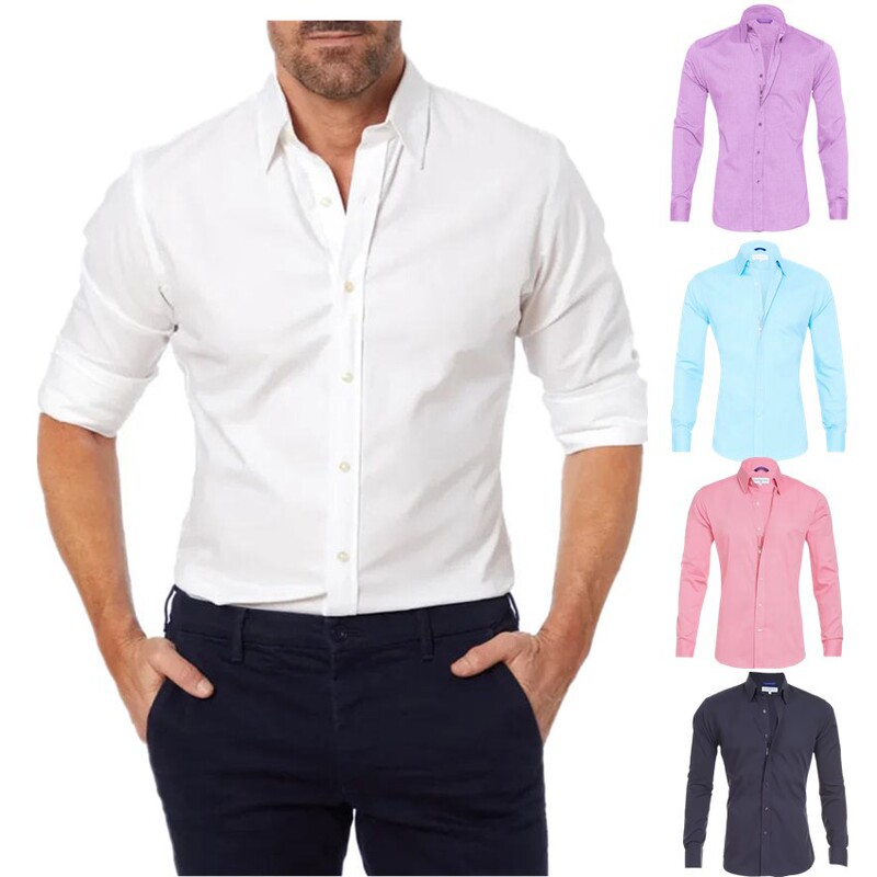 Amazon Cross-border Explosions Men's Zipper Shirt Hidden Zipper Fake Button Oxford stretch cotton zipper lining