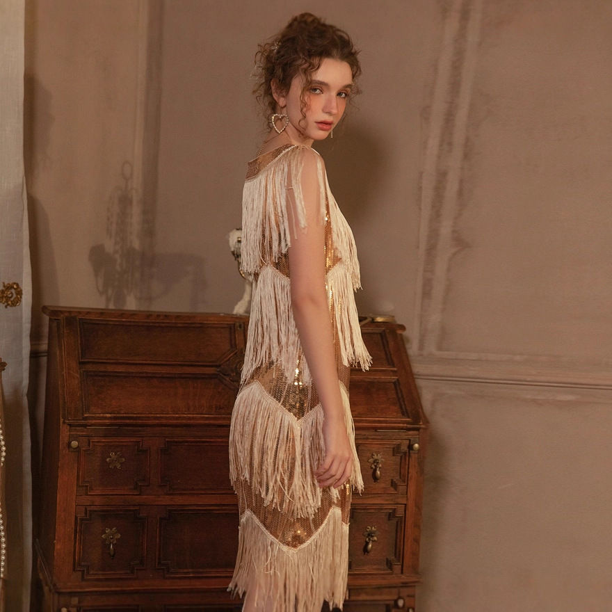 European and American New Style Dinner Party Wedding Bridesmaid Dress Sexy Nightclub Sequin Dance Skirt Host Amazon 8013