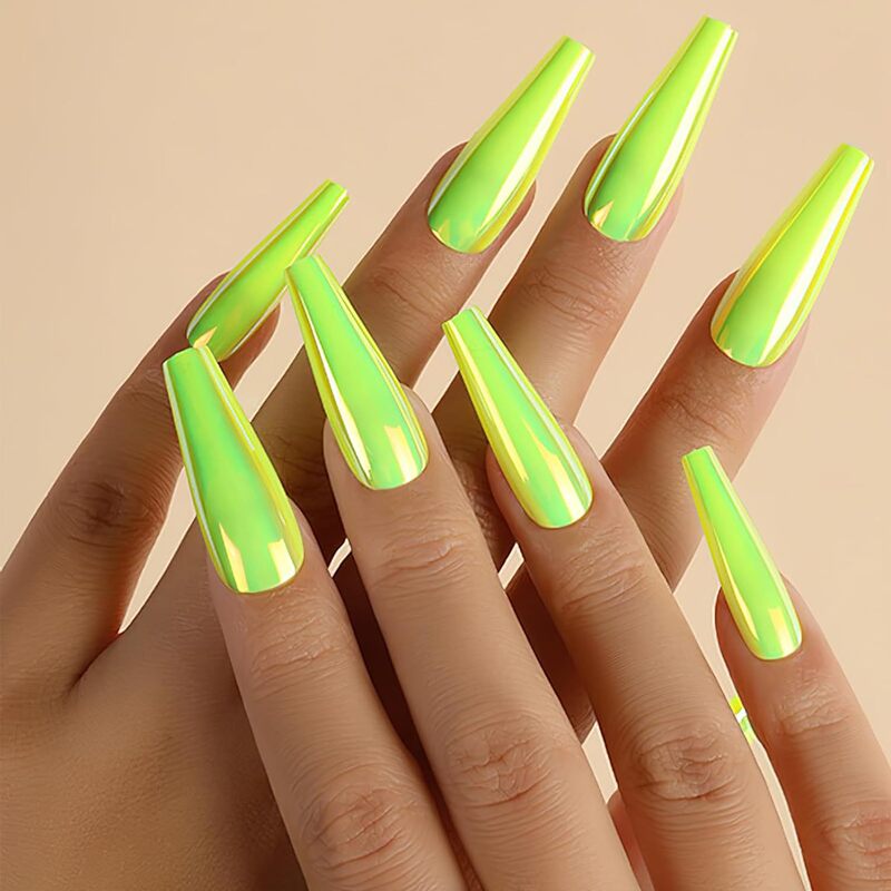 Fluorescent Green Electroplated Long Ballet Wear Armor Long Mirror False Nail Holographic Fluorescent Yellow Chameleon Metal False Nail