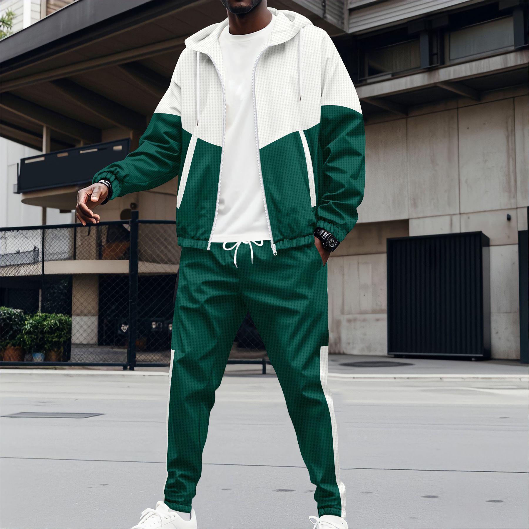 Herren-Trainingsjacke mit Kapuze, Reißverschluss, zwei Taschen, Patchwork-Design, Farbblock-Design, normale Passform, Kurzarm, elegant, aus Polyester_voghion.com