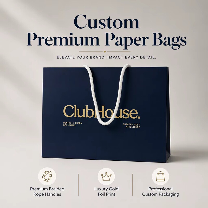 Custom brand gold foil navy blue matte gift bag with white woven rope handle and logo