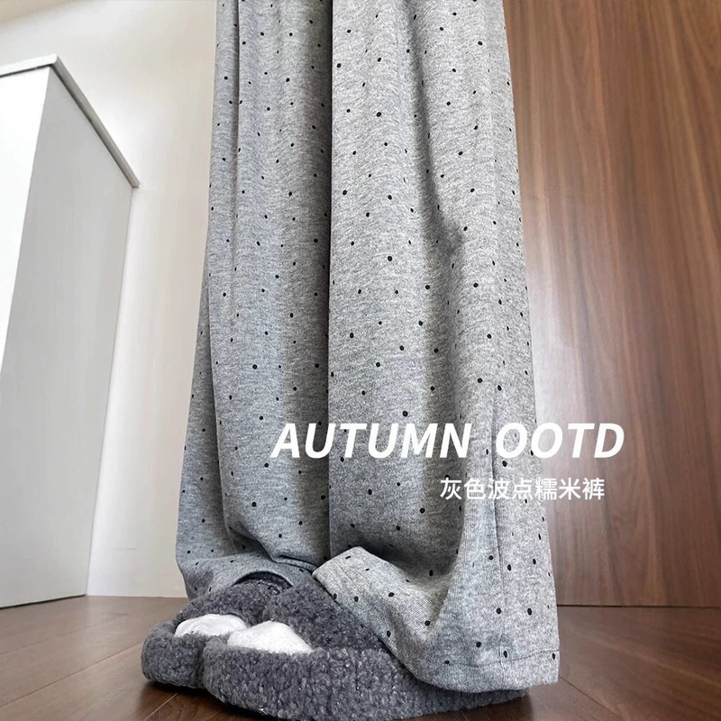 Petite women's gray polka dot casual loose boyfriend style lazy sporty wide-leg pants for autumn and summer, size 150 Petite women's gray polka dot casual loose boyfriend style lazy sporty wide-leg pants for autumn and summer, size 150