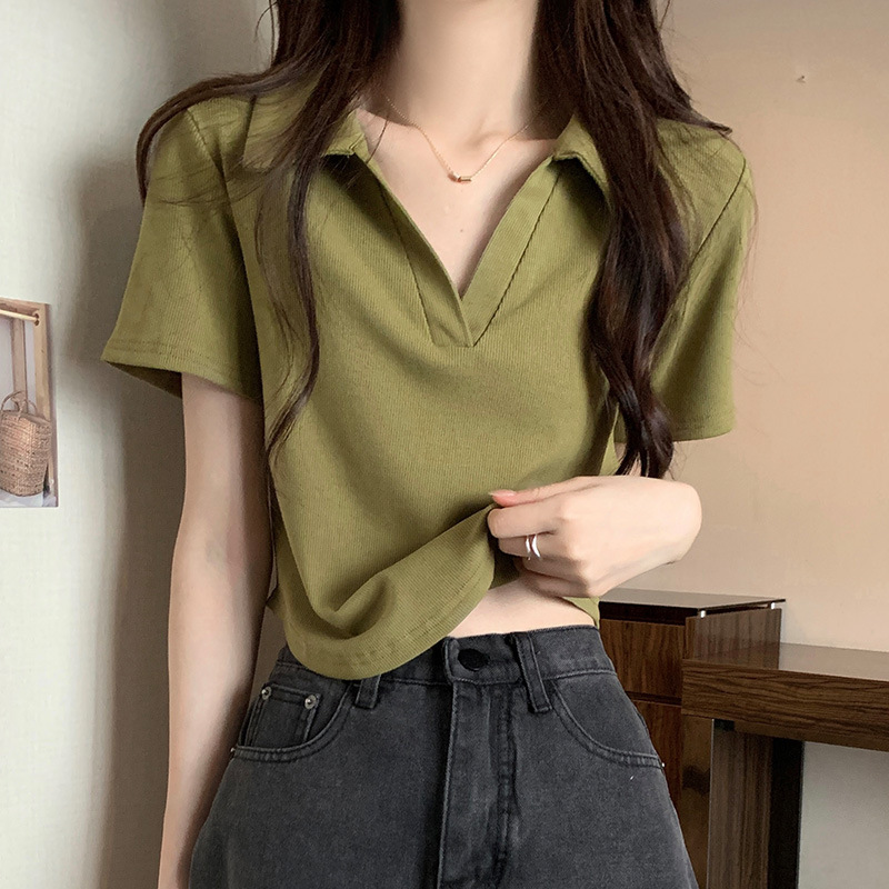 Green Polo Neck Short-sleeved T-shirt Women's Short Summer Slim-fit V-neck Solid Color Arc Hem Shoulder White Top