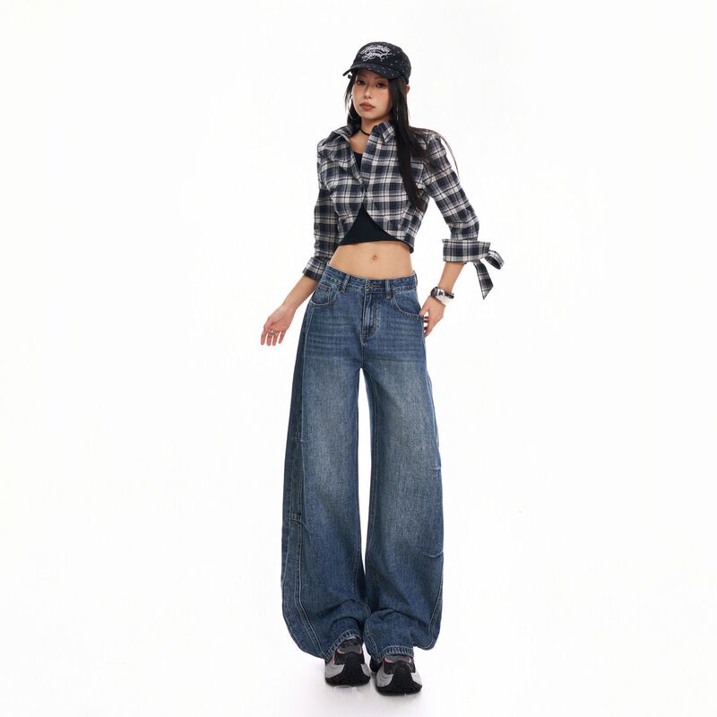 2026 Fall/Winter New Style & Viral on TikTok: American Retro Blue Patchwork Streetwear Wide-Leg Jeans for Women