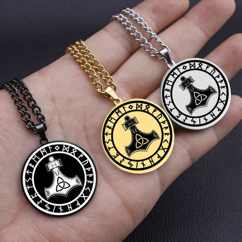 Cross Border Quake Mjolnir Viking Rune Circle Celtic Amulet Jewelry Stainless Steel Pendant Necklace