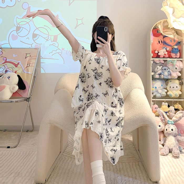 Pijamas transfronterizos al por mayor con almohadillas para el pecho para mujeres verano nuevo estilo de espuma camisón de manga corta ropa para el hogar ropa exterior dulce y linda