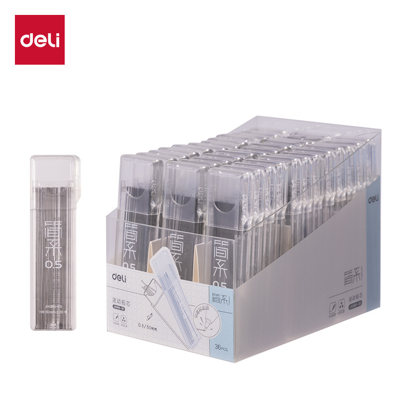 Deli mechanical pencil refills in a simple transparent box, 0.5mm special refills for automatic pencils for primary school students, stationery wholesale