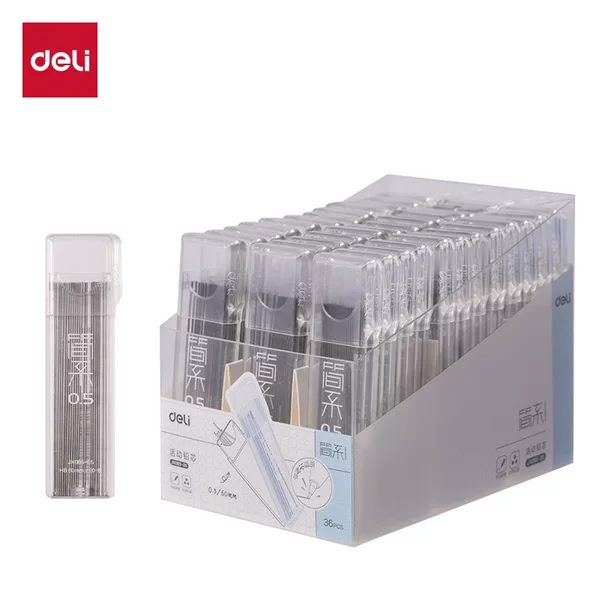 Deli mechanical pencil refills in a simple transparent box, 0.5mm special refills for automatic pencils for primary school students, stationery wholesale