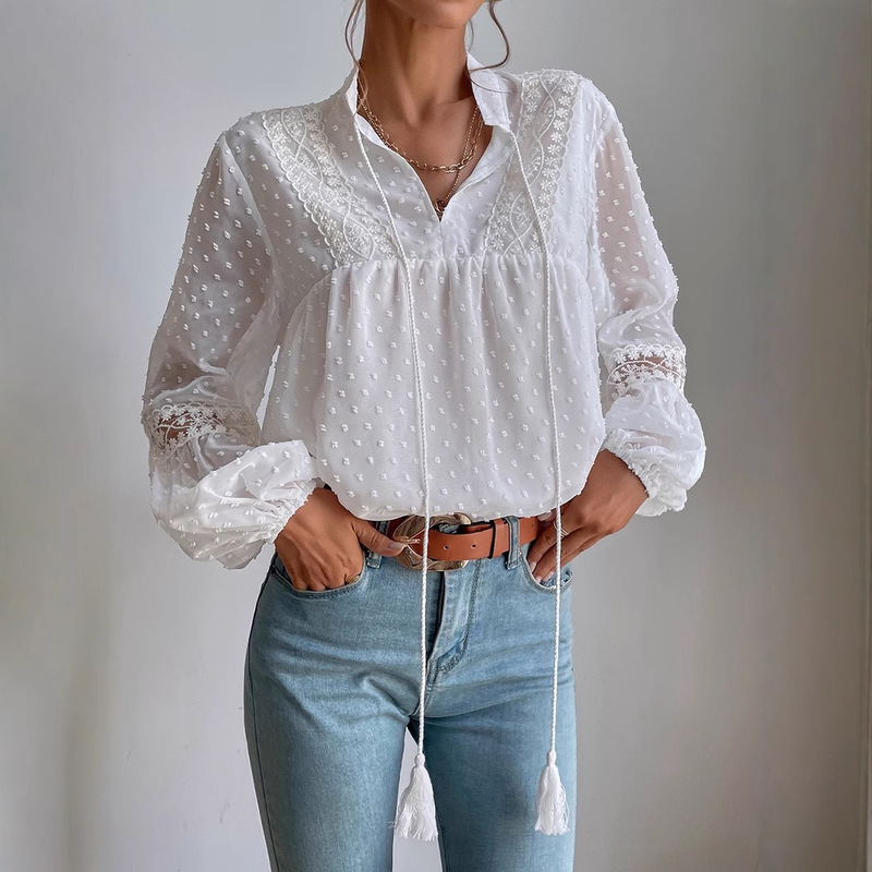 European and American Cross-Border 2025 New Polka Dot Chiffon Lace Patchwork Loose Shirt Commuter Women's Shirt