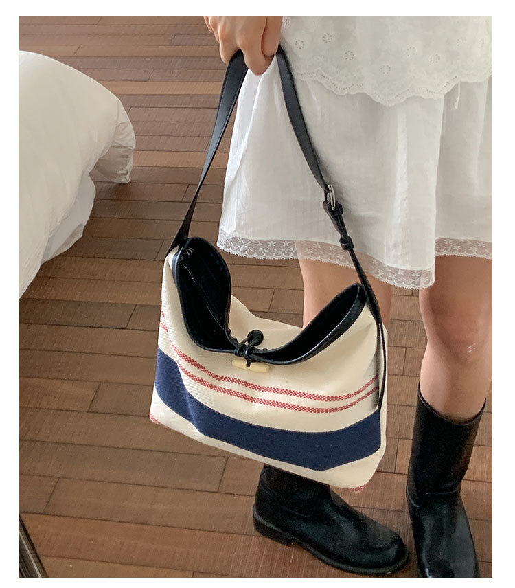 Korean version large-capacity women's 2025 new style fashionable canvas striped single-shoulder underarm bag casual commuting tote bag undefined