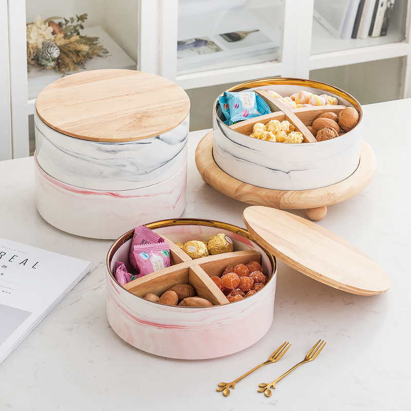 Caja de caramelo de roble de madera hogar sala de estar mesa de café plato de fruta seca de cerámica con tapa Internet Celebrity Snack plato de fruta