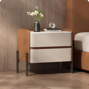 Solid Wood Light Luxury Italian Bedside Table Simple Modern Bedroom Home High-End Leather Slate Storage New Bedside Table