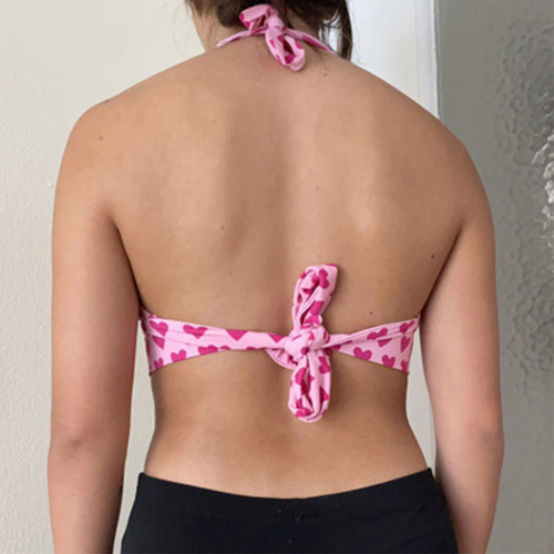  European and American sexy sweet heart-printed metal buckle halter strap bra vest-style outerwear camisole