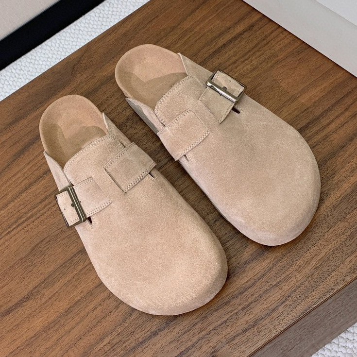 Italian Spring and Summer Hot-Selling Suede Square Buckle Thick-Soled Birkenstock Shoes for Women, Retro Closed-Toe Mule Half-Slippers