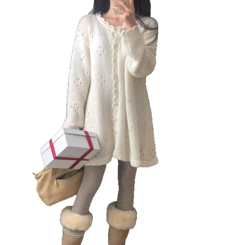 韩国chic秋季甜系少女云朵边宽松百搭中长款镂空花朵针织连衣裙|undefined