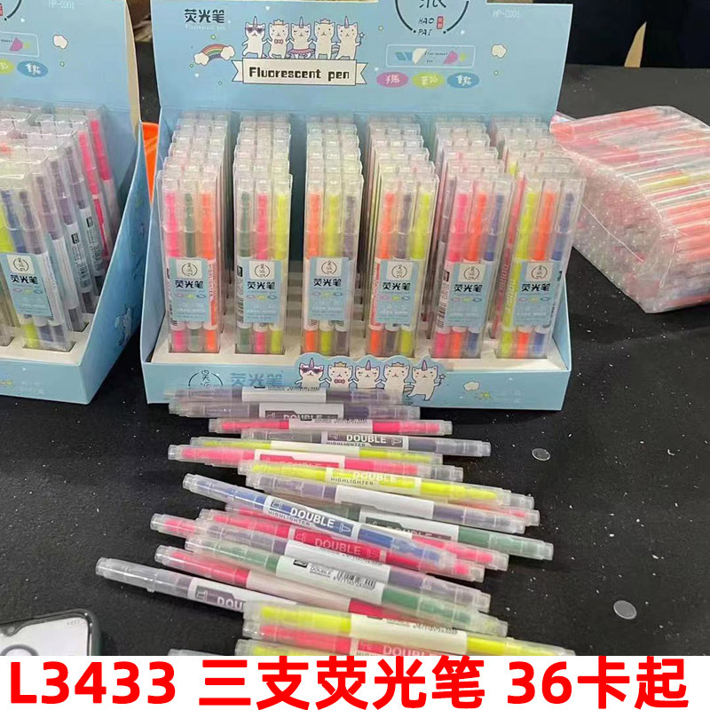 L3433 tres resaltador de doble cabeza de 6 colores fluorescente marcador estudiante marcador de color de golpe áspero flash clave