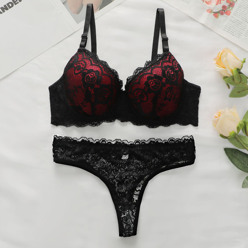 Cross-Border Sexy Lace Lingerie Set with Underwire, Available in Sizes, Black Molded Cup Bra with Pads, Sexy Lace