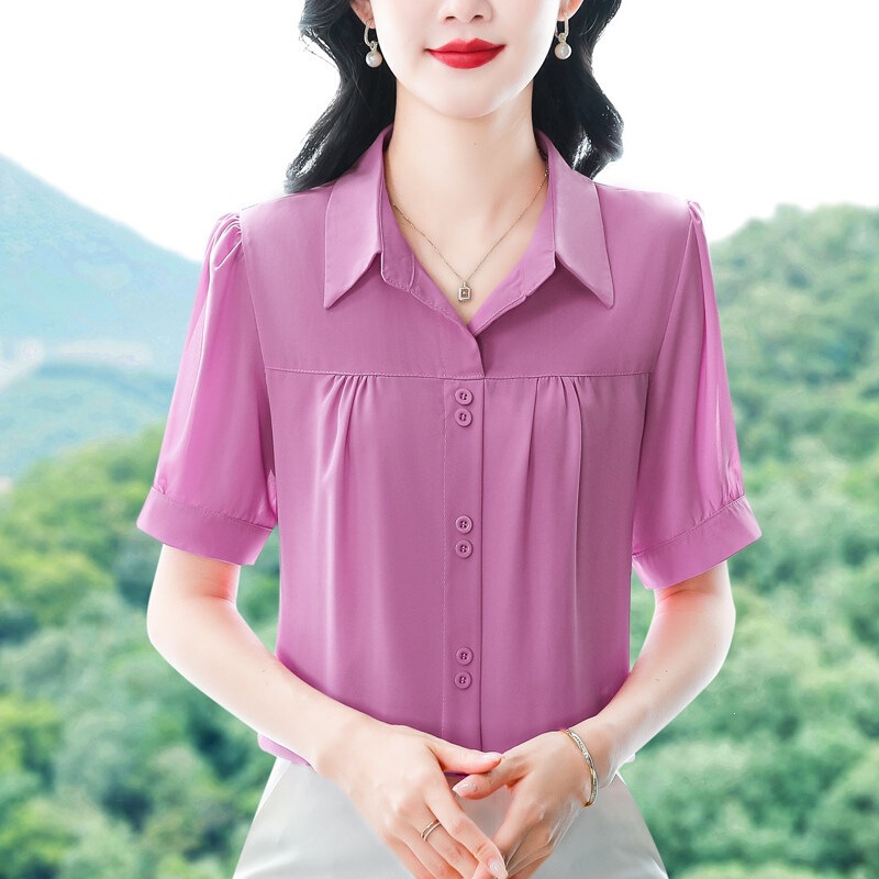 Short-Sleeved Chiffon Shirt, Stylish and Slimming Silk Shirt, New Summer Style for Moms, Collared Top, Age-Reducing and Elegant Blouse Short-Sleeved Chiffon Shirt, Stylish and Slimming Silk Shirt, New Summer Style for Moms, Collared Top, Age-Reducing and Elegant Blouse