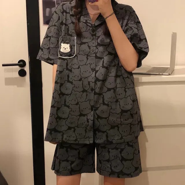 Pijamas de dibujos animados japoneses de verano para mujer oso dulce lindo pantalones cortos de manga corta de dos piezas para el hogar entrega de una pieza para mujer