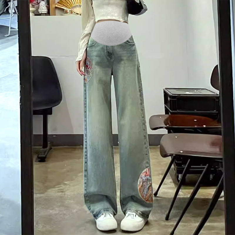 孕妇直筒裤中国风刺绣春秋阔腿裤孕妇牛仔裤长裤休闲简约