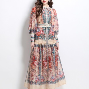 Spring 2025 New Classical Court Style Printed Waist Single-breasted Long dress