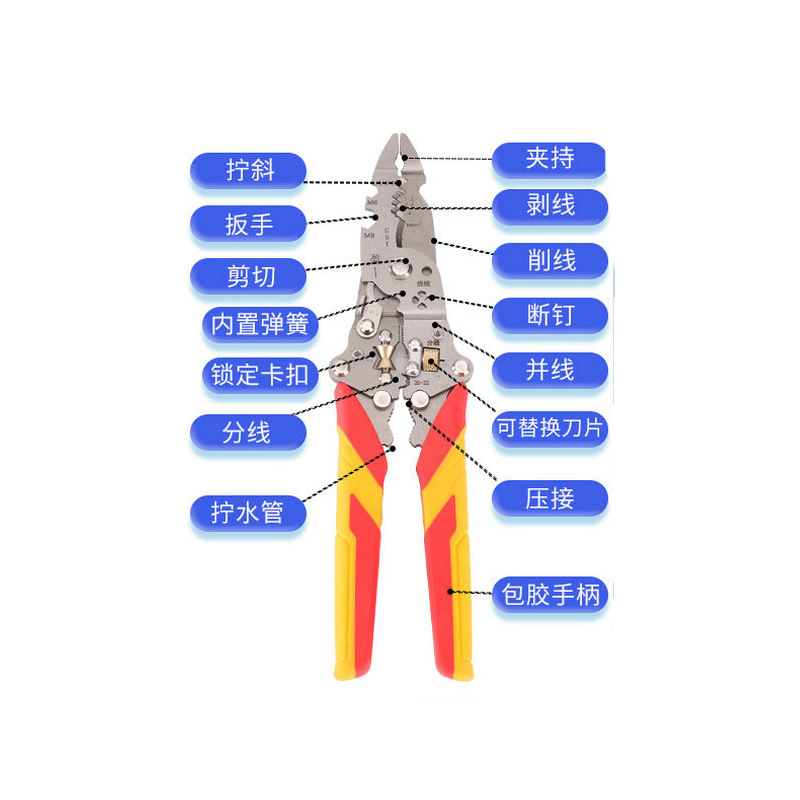 Nuevo alicates pelacables plegables con hebilla, cuchillas ajustables multifuncionales, cortadores de alambre enrollados a presión