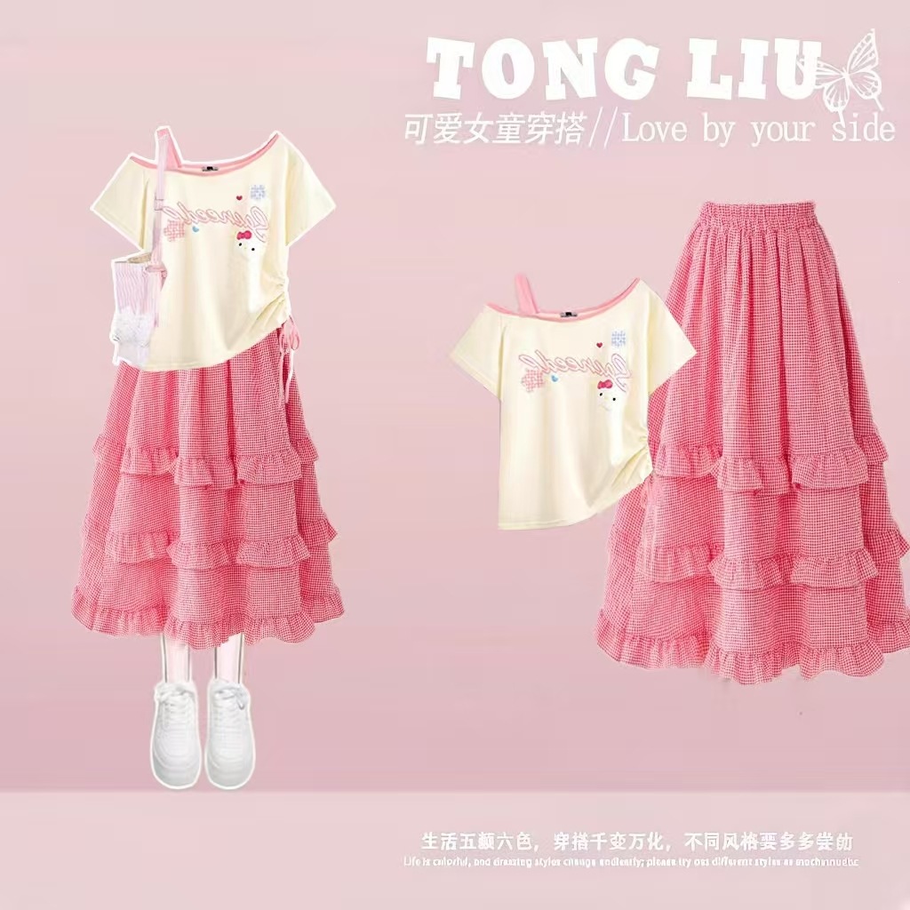 Korean style dopamine-inducing, super cute girls' short-sleeved T-shirt, 2026 new style, fashionable summer outfit.