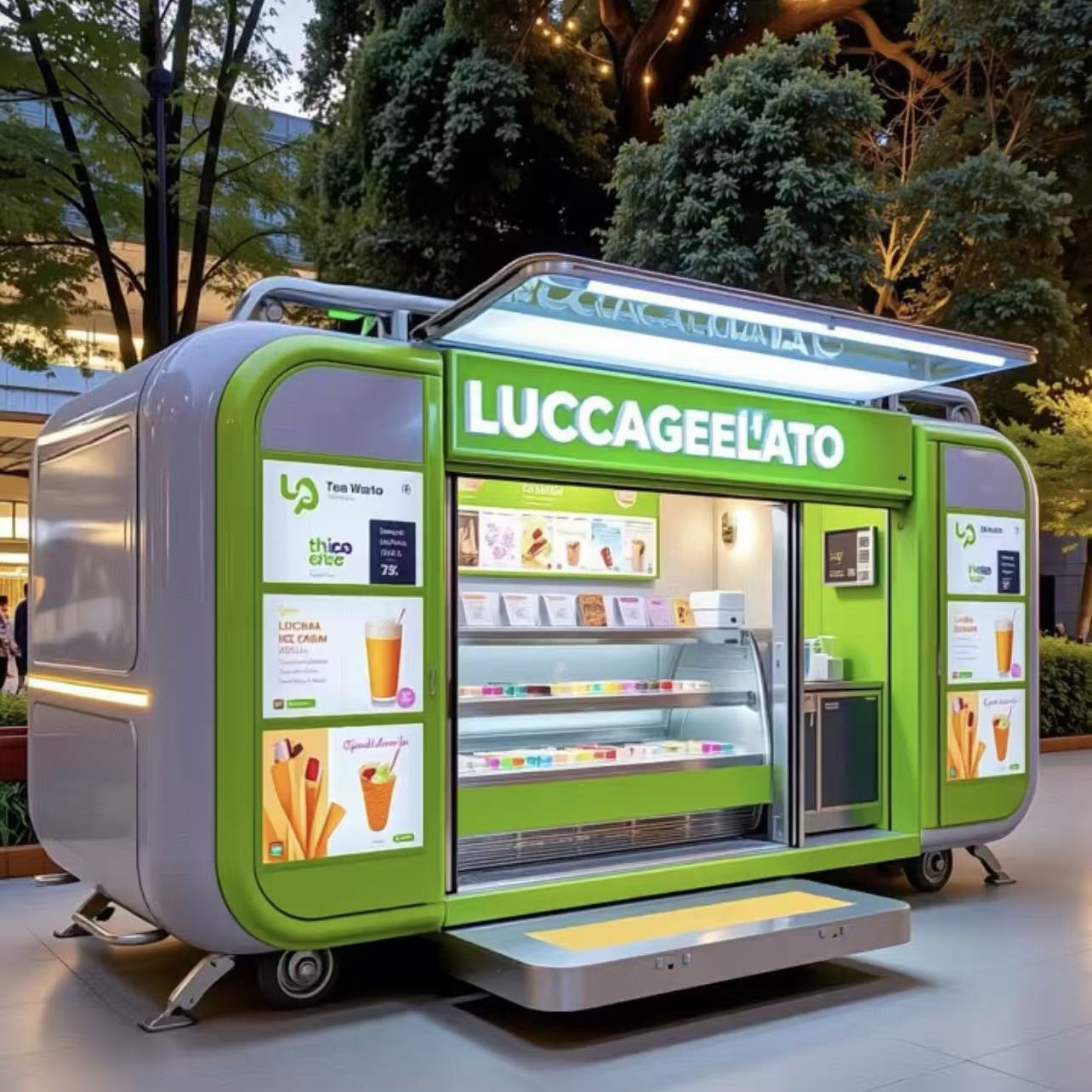 Yuncang café, té con leche, comida comercial, punto escénico móvil, carro eléctrico de bocadillos de cuatro ruedas, carro eléctrico de restaurante de cabina