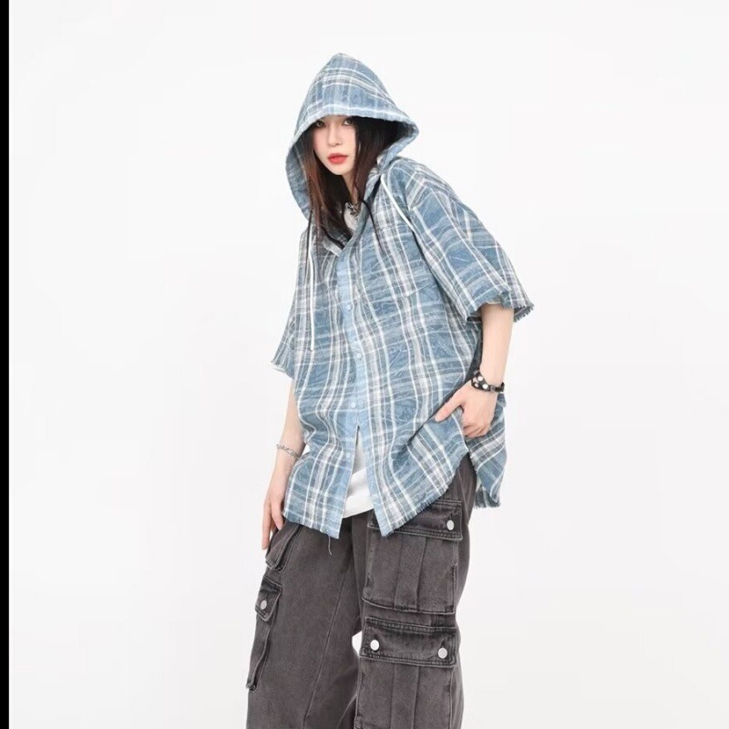 American-style Retro Plaid Hooded Short-sleeved Shirt for Men and Women Street-style Loose Casual Summer New Trendy Rave Top