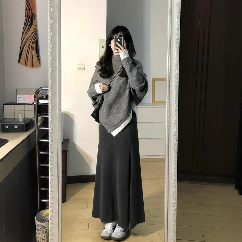 两件/套装韩系复古小个子高领不规则斗篷针织毛衣女+鱼尾半身长裙|undefined