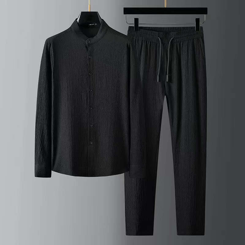 Casual lightweight suit men's 2023 spring and summer new seersucker striped pleated stand collar men's shirt wholesale